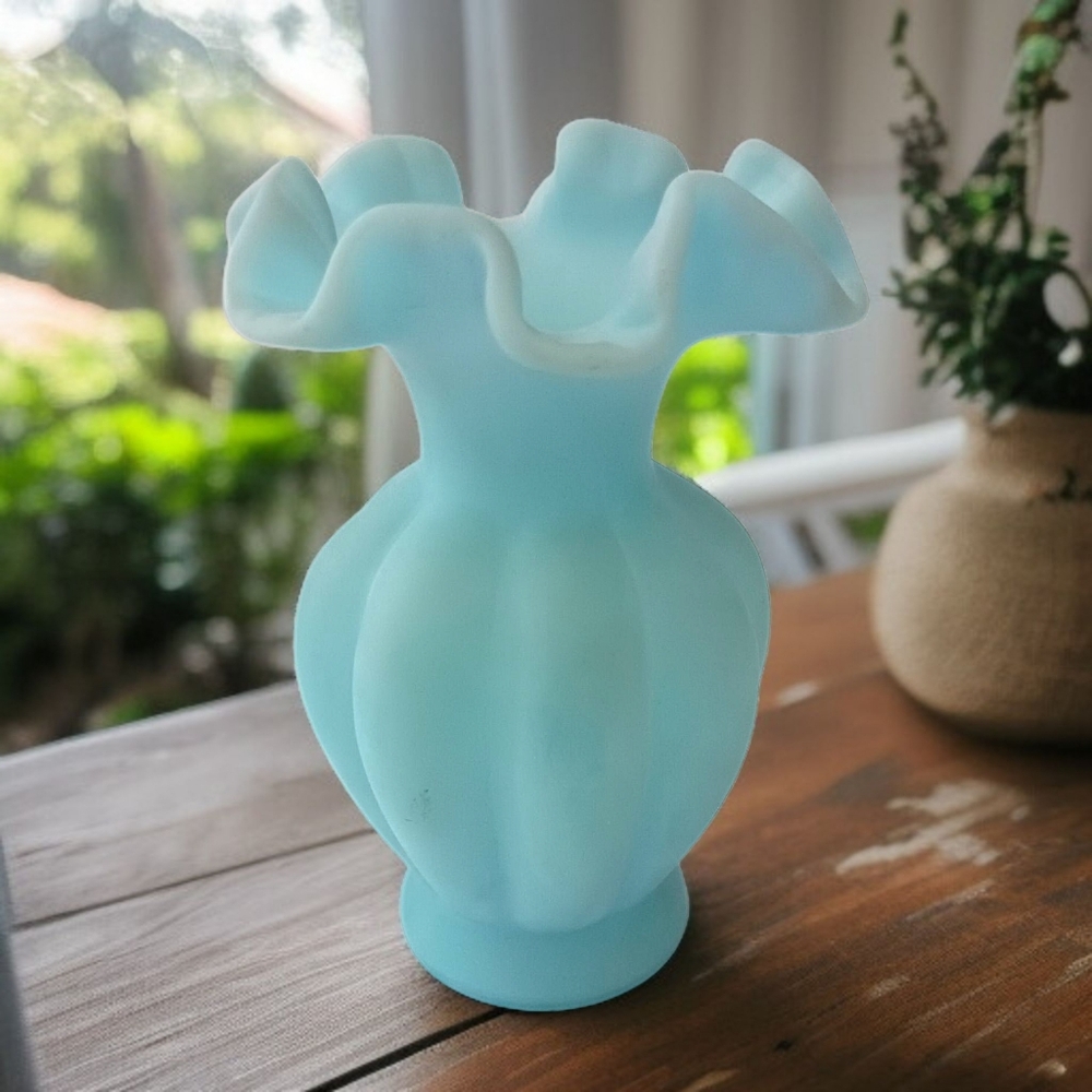 Fenton Satin Art Glass Vase Sky‎ Blue Melon Ruffled Edge Vintage Cottage Garden